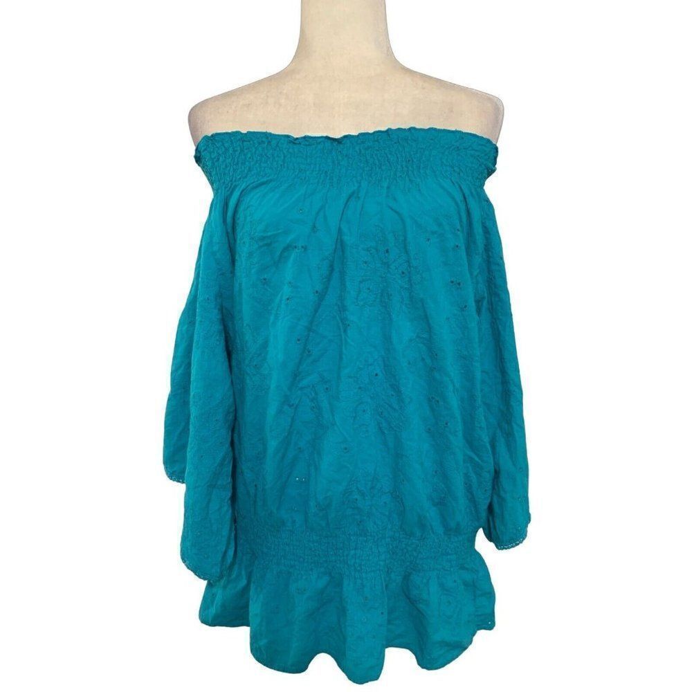 august silk womens solid sky blue lace long sleeve cold shoulder top 1x